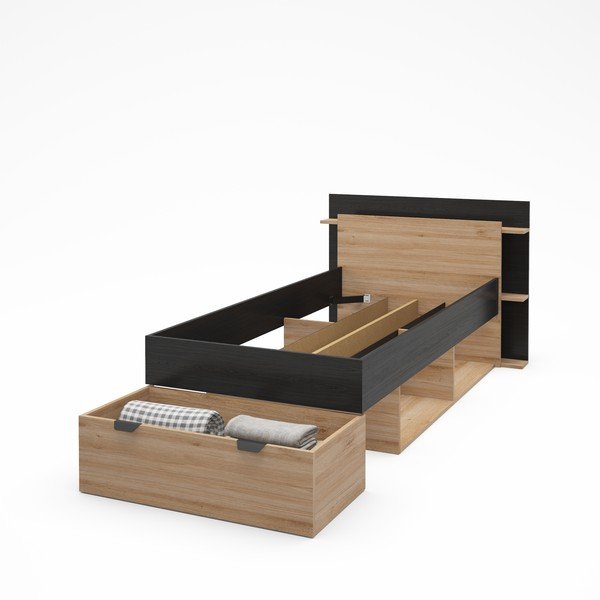 Viengulė lova juodos spalvos/natūralios spalvos iš ąžuolo su sandėliavimo vieta be grotelių 90x200 cm Albo – Marckeric-image-4