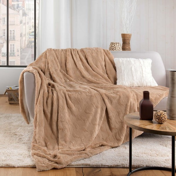Šviesiai rudos spalvos iš mikropliušo antklodė ir pledas 180x220 cm Foxy – douceur d'intérieur-image-3