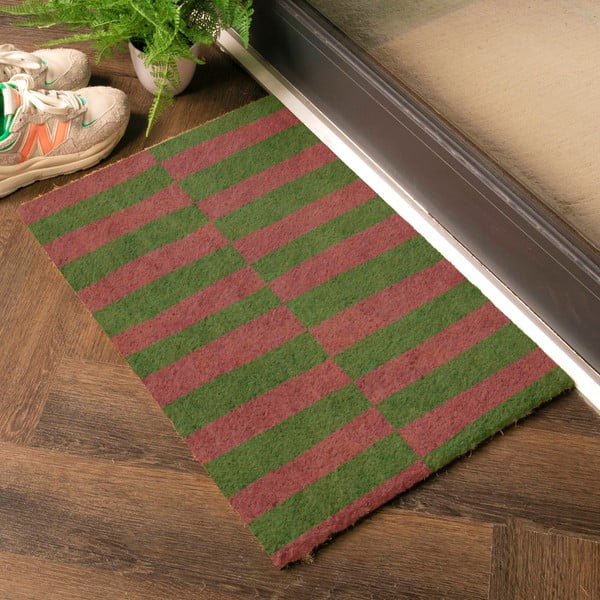 Iš kokoso pluošto grindų kilimėlis 40x60 cm Pink & Green Half Stripes – Artsy Doormats-image-1