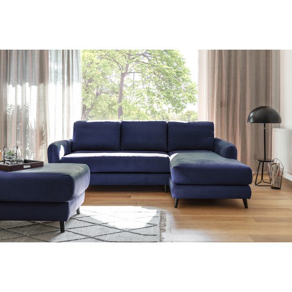 Mėlynos spalvos aksominė kampinė sofa su pakoja Miuform Cozy Claire, dešinysis kampas-image-2