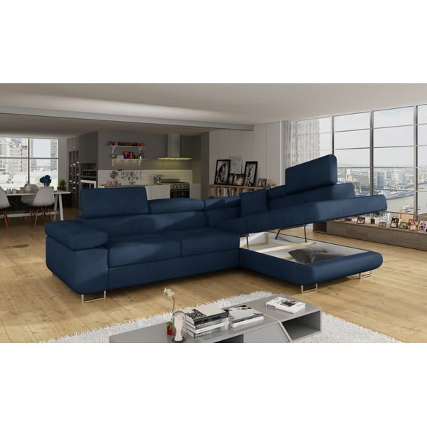 Mėlynos spalvos iš velveto sulankstoma/su sandėliavimo vieta kampinė sofa (su dešiniuoju kampu/„L“ formos) Anton – ELTAP-image-4