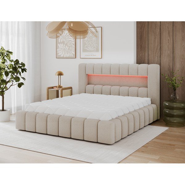 Smėlio spalvos dvigulė lova audiniu dengta su sandėliavimo vieta su lovos grotelėmis 140x200 cm Lamica – ELTAP-image-2
