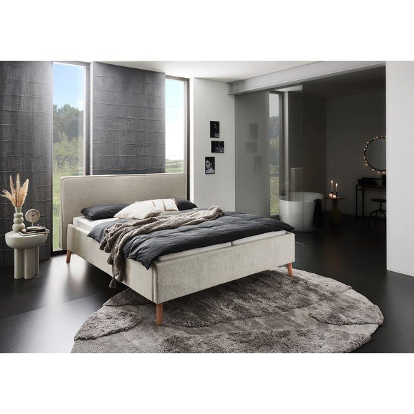 Kreminės spalvos dvigulė lova audiniu dengta su sandėliavimo vieta su lovos grotelėmis 160x200 cm Riva – Meise Möbel-image-1