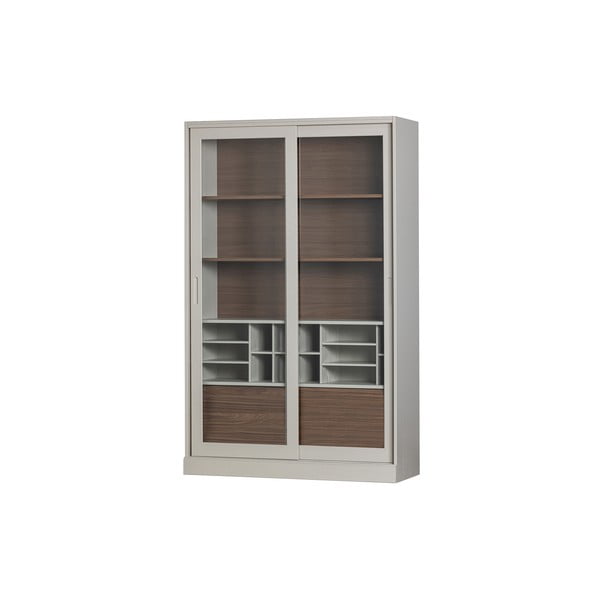 Vitrina šviesiai pilkos spalvos/natūralios spalvos su stumdomomis durimis iš pušies masyvo 125x200 cm James – WOOOD-image-4