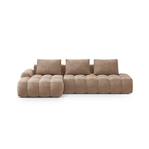 Šviesiai rudos spalvos iš velveto sulankstoma/su sandėliavimo vieta kampinė sofa (su kairiuoju kampu/su gultu) Linz – Cosmopolitan Design