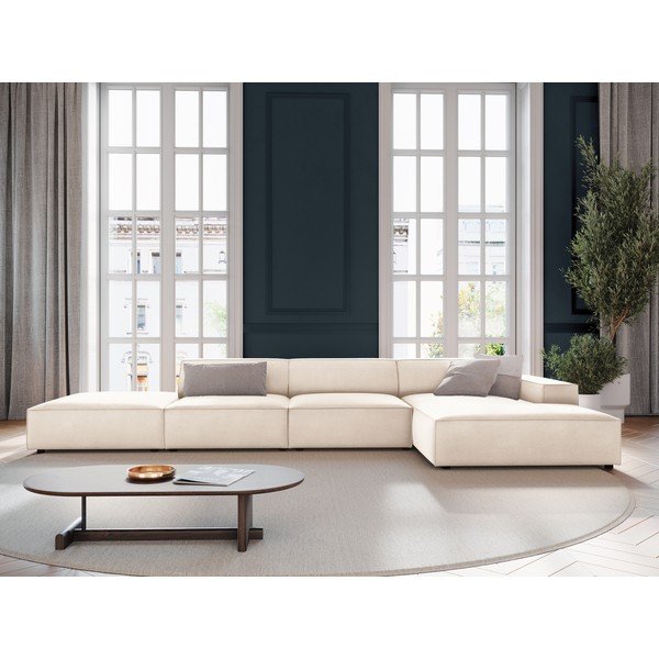 Kreminės spalvos modulinė kampinė sofa iš velveto (su dešiniuoju kampu/su gultu) Jodie – Micadoni -image-1