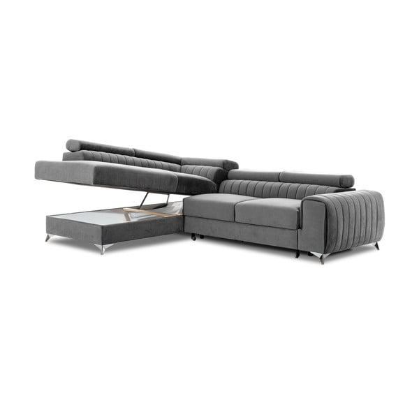 Pilkos spalvos iš velveto sulankstoma/su sandėliavimo vieta kampinė sofa (su kairiuoju kampu/„L“ formos) Laurence – ELTAP-image-2