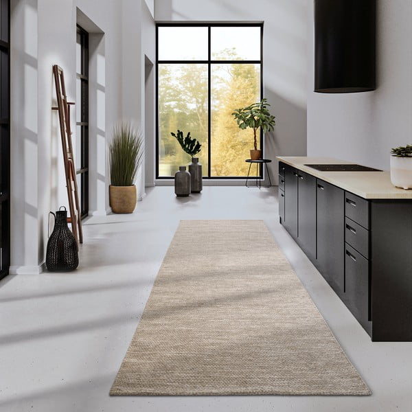 Rankų darbo iš vilnos mišinio kilimas smėlio spalvos 80x200 cm Pradesh Linen White – Elle Decoration-image-1