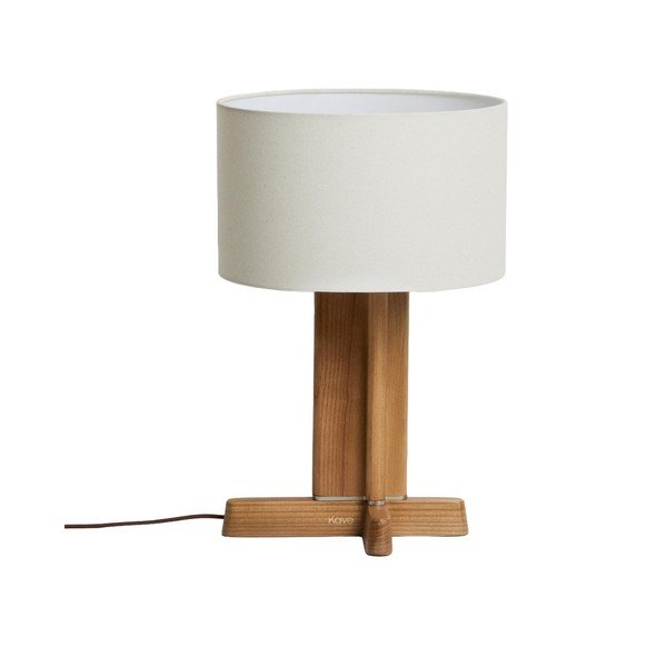 Baltos spalvos/rudos spalvos iš kaučiukmedžio masyvo stalinis šviestuvas (aukštis 48 cm) su tekstiliniu gaubtu Niani – Kave Home