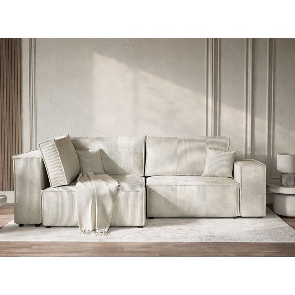 Kreminės spalvos sulankstoma/su sandėliavimo vieta kampinė sofa iš kordinio velveto (su kairiuoju kampu/„L“ formos) Tonga – Maison de Rêve-image-1