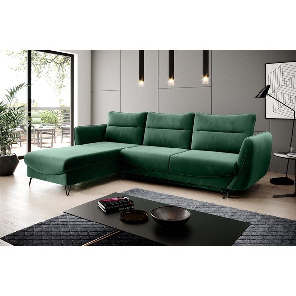 Žalios spalvos iš velveto sulankstoma/su sandėliavimo vieta kampinė sofa (su kairiuoju kampu/su gultu) Silva – ELTAP-image-1