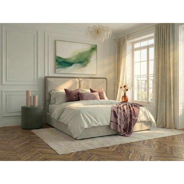 Smėlio spalvos/taupe spalvos iš audinio dvigulė lova su sandėliavimo vieta su lovos grotelėmis 160x200 cm Mara – Bobochic Paris-image-1