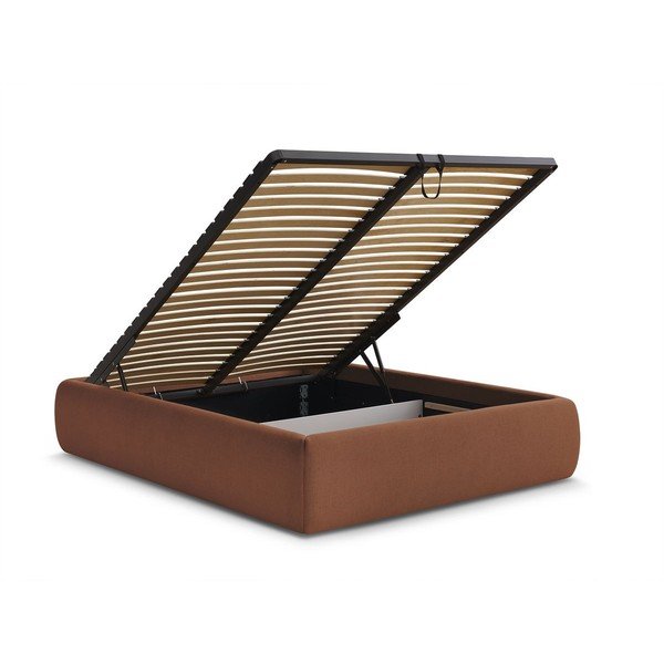 Oranžinės spalvos dvigulė lova audiniu dengta su sandėliavimo vieta/be galvūgalio su lovos grotelėmis 160x200 cm Inera – Bobochic Paris-image-3