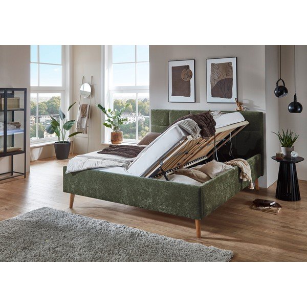Khaki spalvos dvigulė lova audiniu dengta su sandėliavimo vieta su lovos grotelėmis 180x200 cm Nova – Meise Möbel-image-1