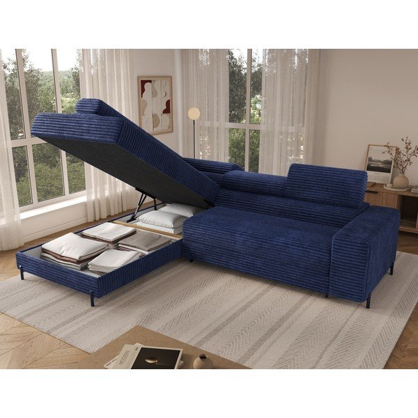 Tamsiai mėlynos spalvos kampinė sofa iš kordinio velveto (su kairiuoju kampu/„L“ formos) Colesio – ELTAP-image-4