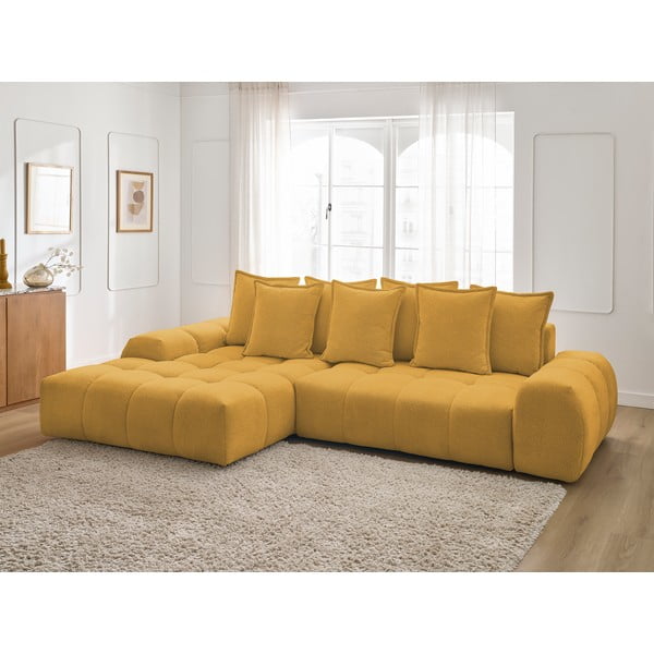 Garstyčių spalvos iš šenilinio audinio sulankstoma/su sandėliavimo vieta kampinė sofa (su kairiuoju kampu/su gultu) Everest – Bobochic Paris-image-1