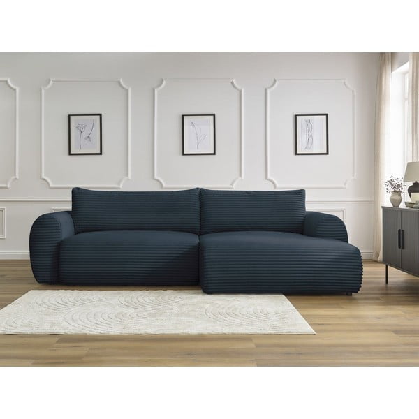 Iš kordinio velveto sulankstoma kampinė sofa tamsiai mėlynos spalvos (su dešiniuoju kampu) Lucien – Bobochic Paris-image-1