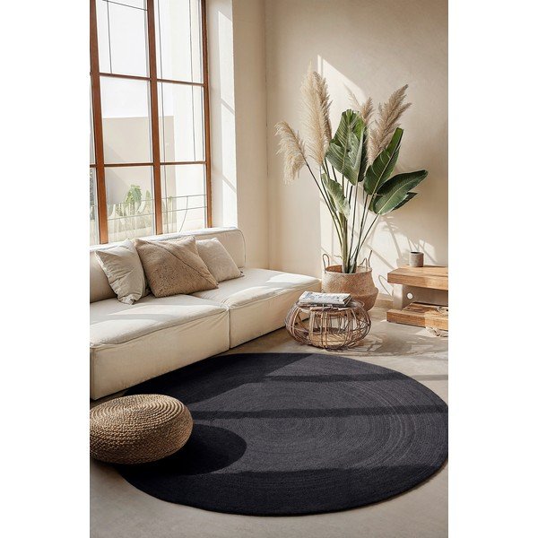 Apverčiamas/rankų darbo juodos spalvos iš džiuto apvalios formos kilimas ø 200 cm Braided – Hanse Home-image-1