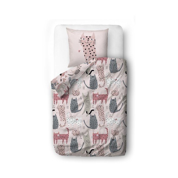 Rožinės spalvos iš satino medvilnės viengulė vaikiška patalynė 140x200 cm Meow Meow – Butter Kings