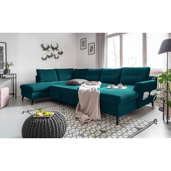 Turkio spalvos U formos aksominė sofa-lova Miuform Stylish Tent, kairysis kampas-image-4