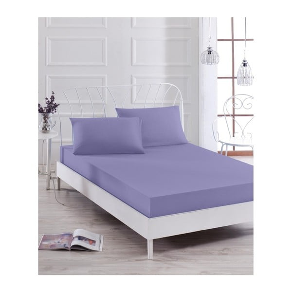 Violetinės spalvos elastingos paklodės ir užvalkalo viengulėlei lovai rinkinys Basso Purple, 100 x 200 cm