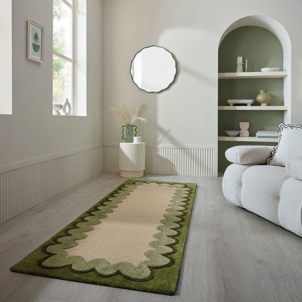 Rankų darbo žalios spalvos/natūralios spalvos iš vilnos kilimas 80x230 cm Wiggle Wool – Flair Rugs-image-1