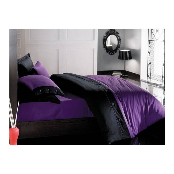 Juodos ir violetinės spalvos medvilninio satino patalynė su paklode dvivietei lovai Užvalkalas, 200 x 220 cm