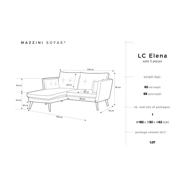 Mėlyna trivietė sofa "Mazzini Sofas Elena", su šezlongu kairiajame kampe-image-2