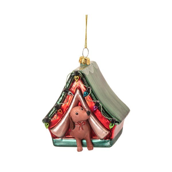 Iš stiklo rankų darbo eglutės papuošimas 9 cm Dog in a Tent – Sass & Belle