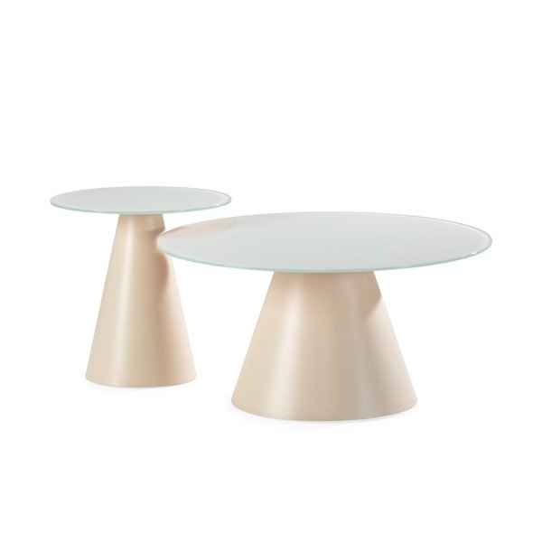 Kreminės spalvos apvalios formos kavos staliukai 2 vnt. su stikliniu stalviršiu ø 80 cm Vida – MOME