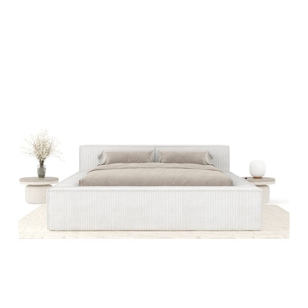 Kreminės spalvos dvigulė lova audiniu dengta su sandėliavimo vieta su lovos grotelėmis 200x200 cm Voliera – Maison de Rêve-image-3