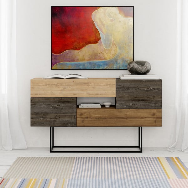 Žema šoninė spintelė rudos spalvos/natūralios spalvos iš ąžuolo 145x82 cm Titan – Marckeric-image-2