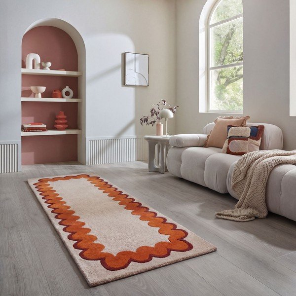 Rankų darbo oranžinės spalvos/natūralios spalvos iš vilnos kilimas 80x230 cm Wiggle Wool – Flair Rugs-image-1
