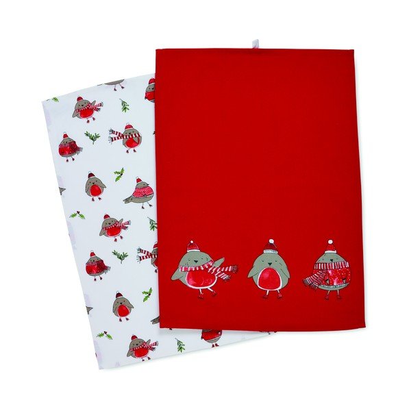 2 medvilninių rankšluosčių rinkinys su Kalėdų motyvais 50x70 cm Christmas Robins - Catherine Lansfield