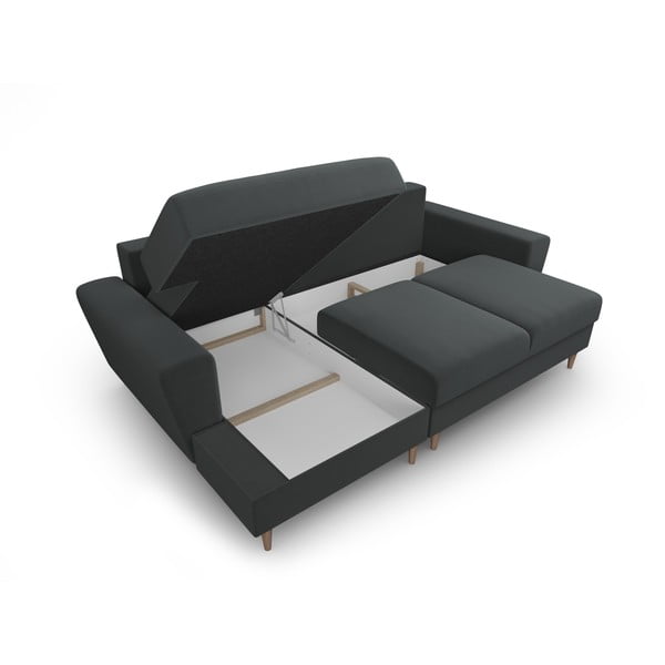Tamsiai pilkos spalvos iš velveto sulankstoma/su sandėliavimo vieta kampinė sofa (su kairiuoju kampu/su gultu) Kyoto – Cosmopolitan Design-image-3