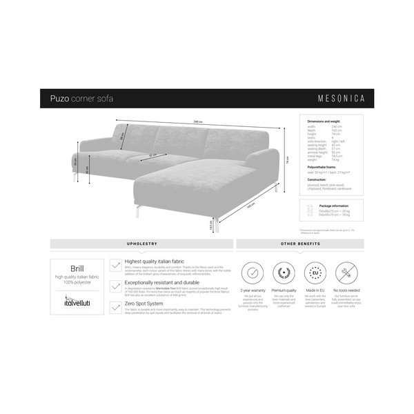 Mėlyna kampinė sofa su metalinėmis kojelėmis MESONICA Puzo, kairysis kampas-image-1