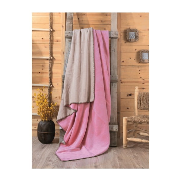 Rožinė ir smėlio spalvos antklodė Sandra, 200 x 220 cm