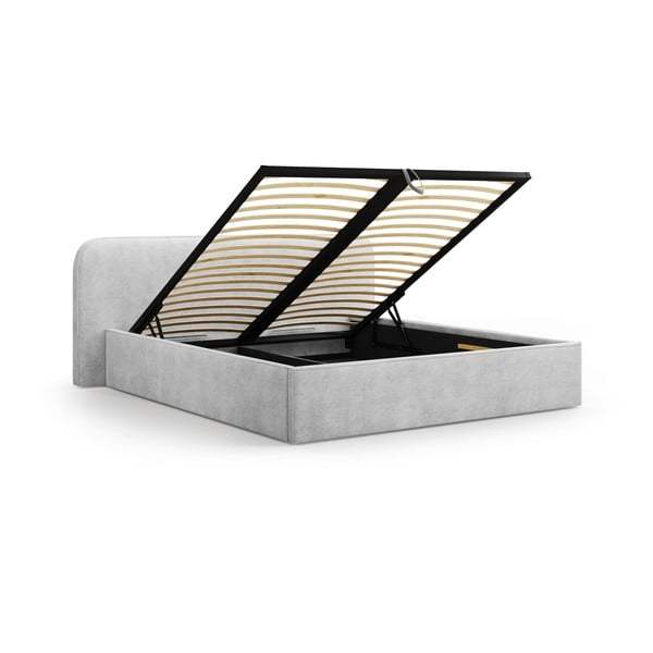 Šviesiai pilkos spalvos dvigulė lova audiniu dengta su sandėliavimo vieta su lovos grotelėmis 200x200 cm Elizabeth – Micadoni -image-2