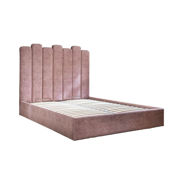 Rausva minkšta dvigulė lova su daiktadėže ir grotelėmis 140x200 cm Dreamy Aurora - Miuform