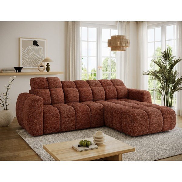 Raudonos spalvos kampinė sofa iš boucle (su dešiniuoju kampu/su gultu) Fanito – ELTAP-image-3