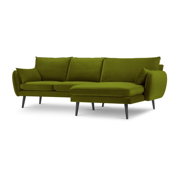 Žalia aksominė kampinė sofa su juodomis kojomis Kooko Home Lento, kampas dešinėje