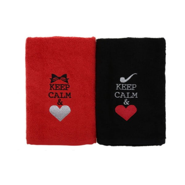 2 juodų ir raudonų medvilninių rankšluosčių rinkinys "Keep Calm", 50 x 90 cm