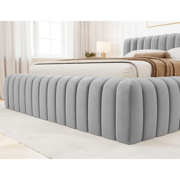 Šviesiai pilkos spalvos dvigulė lova dengta audiniu su sandėliavimo vieta su lovos grotelėmis 180x200 cm Carilla – ELTAP-image-4