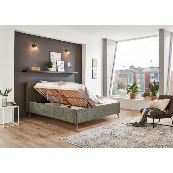 Tamsiai žalios spalvos dvigulė lova audiniu dengta su sandėliavimo vieta su lovos grotelėmis 180x200 cm Riva – Meise Möbel-image-3