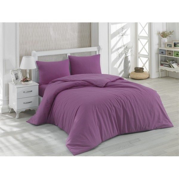 Iš ranforce medvilnės dvigulė/itin ilga patalynė violetinės spalvos su paklode 200x220 cm – Mijolnir-image-1