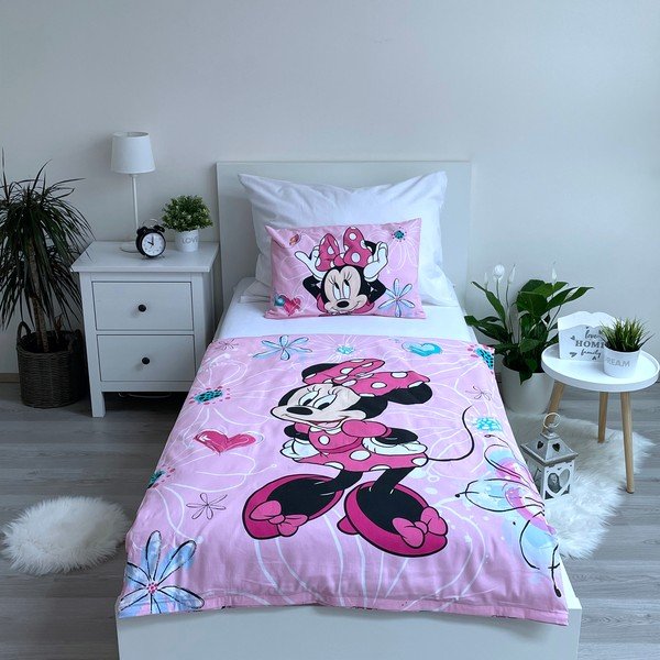 Rožinės spalvos iš medvilnės vaikiška patalynė vaikiškai lovai 100x135 cm Minnie Flowers  – Jerry Fabrics-image-1