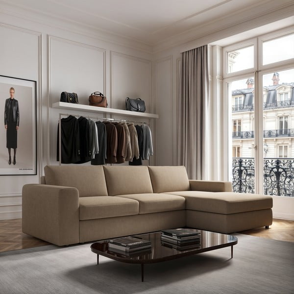 Šviesiai rudos spalvos iš velveto kampinė sofa (su dešiniuoju kampu/su gultu) Baga – Rodier-image-1