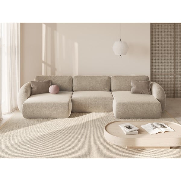 Smėlio spalvos iš šenilinio audinio sulankstoma/su sandėliavimo vieta kampinė sofa („U“ formos) Tonale – Cosmopolitan Design-image-1
