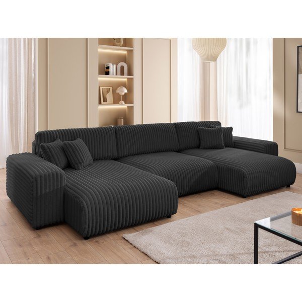 Tamsiai pilkos spalvos sulankstoma ir su sandėliavimo vieta kampinė sofa iš kordinio velveto („U“ formos) Sarina – Ropez-image-4