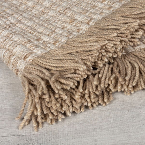 Rankų darbo smėlio spalvos iš vilnos mišinio kilimas 120x170 cm Rene Fringed Ribbed – Flair Rugs-image-2